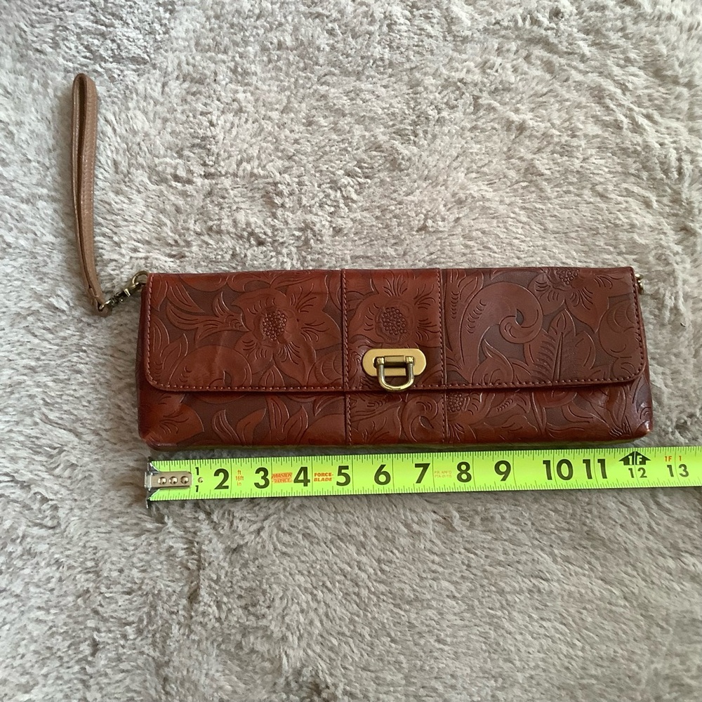 Nine West Brown Floral Embossed Leather Wristlet Clutch